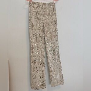 JLUXLABEL Gold Sequin Embellished Beige Velour Straight Leg Pants